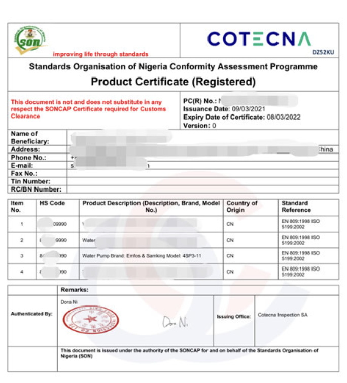 Certificado y documentación de conformidad — inspección pre-embarque