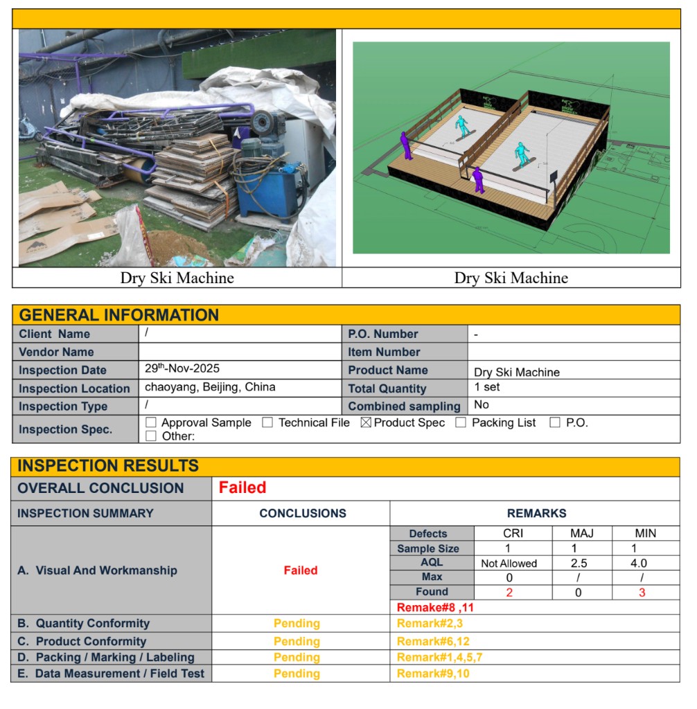 Informe de inspección previa al envío — máquina de esquí seco, Beijing, China