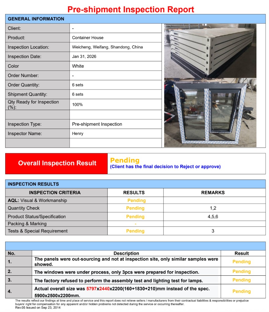 Informe pre-embarque — casas contenedor en Weifang, Shandong, China